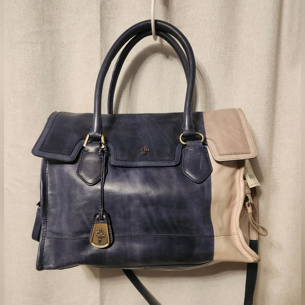 Cole Hann Leather Brooke Flap Deconstructed Tote Blue/Smoke NWT Flaw N Pic - Picture 6 of 16